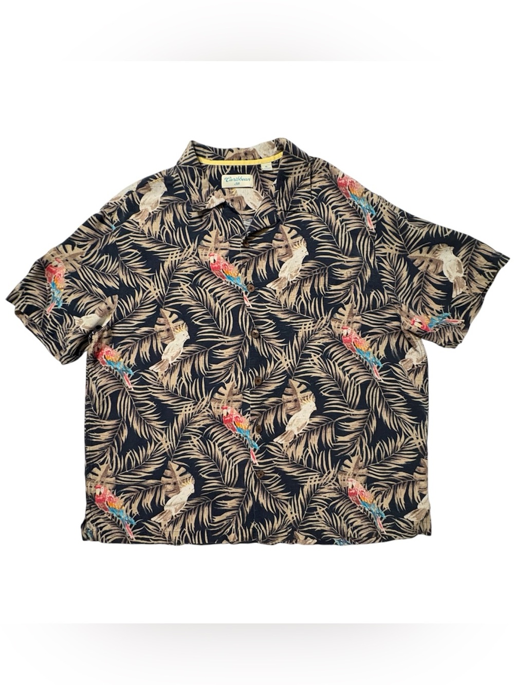 XL Mens Silk Short Sleeve Button Up Shirt Collar Hawaiian Parrot Palm Caribbean